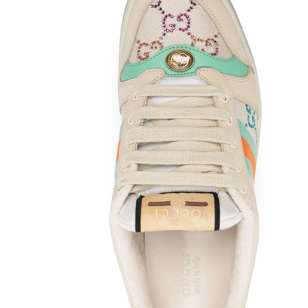 Gucci Women's Cream and Mint Sneakers with Orange Detail. Swarovski mini sparks